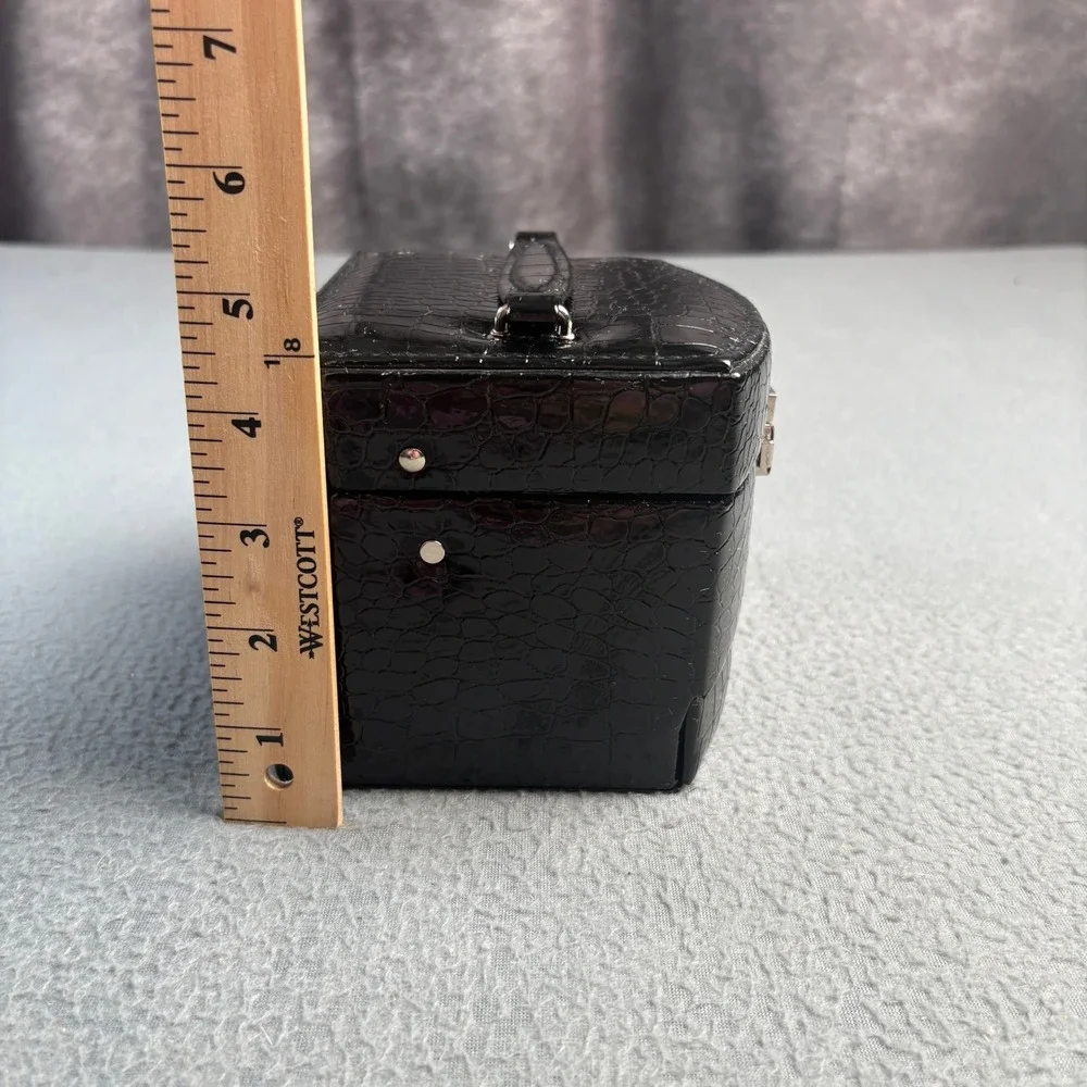 Black Croc Embossed Jewelry Box Organizer Pink Velvet Lining Mirror Mini Trunk